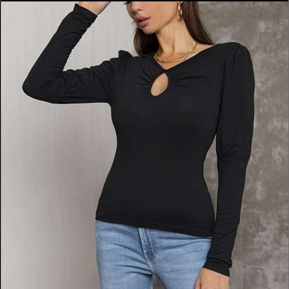 New Boho Solid Black Cutout Ruched Exaggerated Puff Sleeve Blouse Fitted Tee - Picture 4 of 9